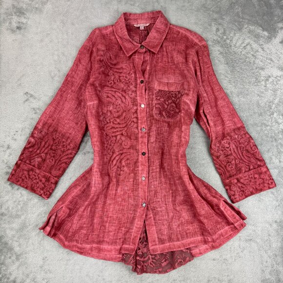 John Mark 100% Linen Embroidered Whimsy Lace Fairy Button up Shirt Cottagecore - Picture 1 of 11